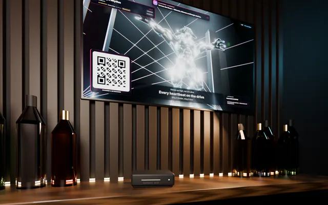 Edge box on the shelf behind the bar, with the room screen above showing lyrics and the QR code