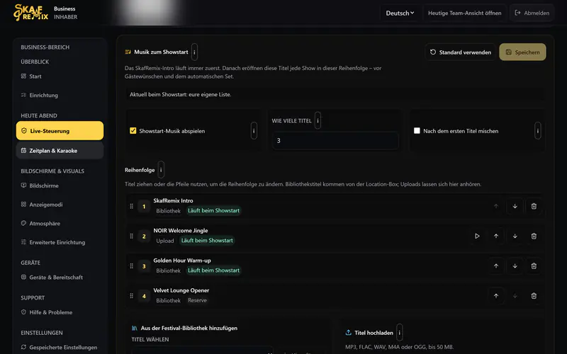 Business-Bereich am Laptop: Showstart-Musik mit eigener Reihenfolge und Titeln aus der Bibliothek