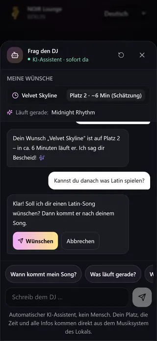 Gäste-Chat auf dem Handy: der DJ-Assistent nennt Platz 2 und rund 6 Minuten und bietet einen weiteren Wunsch an