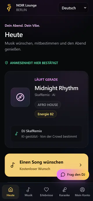 Gästeseite auf dem Handy: läuft gerade Midnight Rhythm, Knopf „Einen Song wünschen“