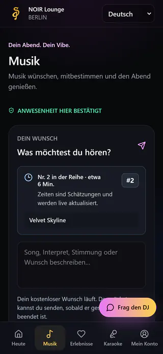 Gästeseite auf dem Handy: eigener Musikwunsch auf Platz 2 in der Reihe, etwa 6 Minuten