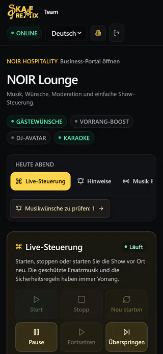 Team-Seite auf dem Handy: Location NOIR Lounge, Live-Steuerung mit Pause, Fortsetzen und Überspringen