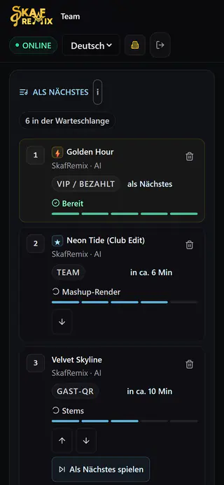 Team-Seite auf dem Handy: Liste „Als Nächstes“ mit VIP- und Team-Priorität, Vorbereitungsstatus und Wartezeit pro Song