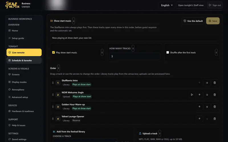 Business workspace on a laptop: show-start music in your own order with titles from the library