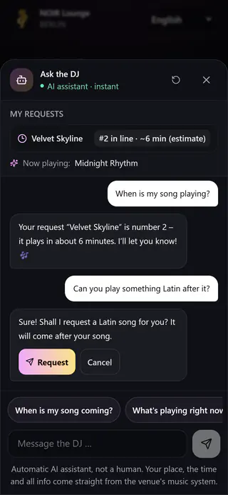 Guest chat on a phone: the DJ assistant says number 2 and about 6 minutes and offers another request