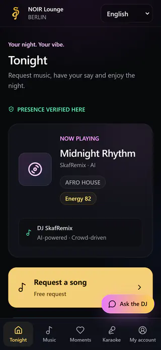 Guest page on a phone: now playing Midnight Rhythm, button “Request a song”