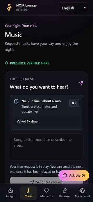 Guest page on a phone: own music request at number 2 in line, about 6 minutes