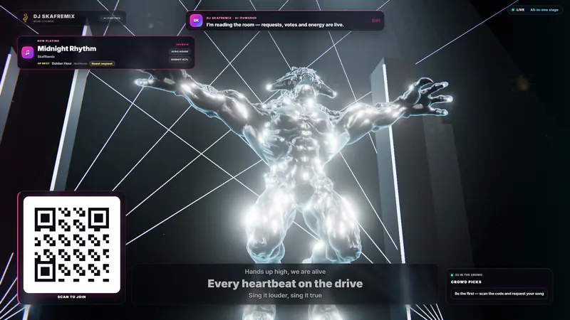 Room screen in mode 1 all-in-one: now playing, sing-along lyrics and a QR code to join in