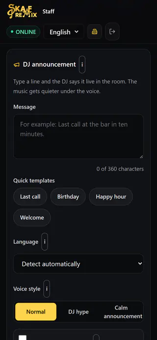 Staff page on a phone: DJ announcement with text field, quick templates and recently spoken announcements
