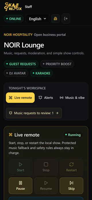 Staff page on a phone: NOIR Lounge with live controls for pause, resume and skip