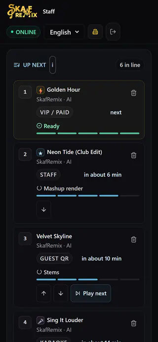 Staff page on a phone: “Up next” list with VIP and staff priority, preparation status and waiting time per song