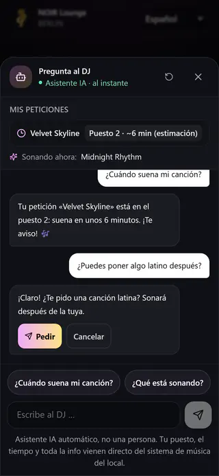 Chat de clientes en el móvil: el asistente DJ indica el puesto 2 y unos 6 minutos y ofrece otra petición