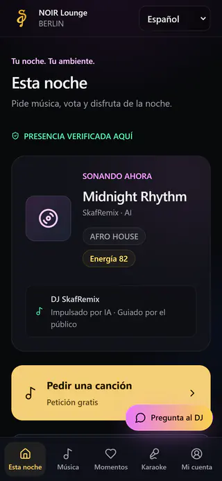Página de clientes en el móvil: suena Midnight Rhythm, botón «Pedir una canción»