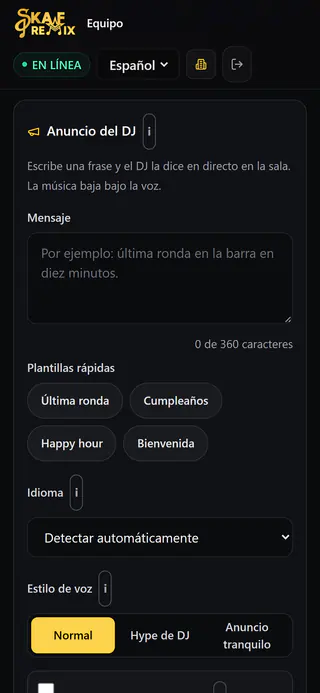 Página del equipo en el móvil: anuncio del DJ con campo de texto, plantillas rápidas y anuncios recientes