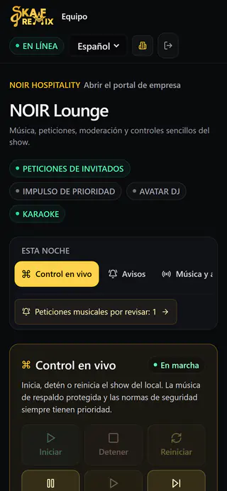 Página del equipo en el móvil: NOIR Lounge con control en directo para pausar, reanudar y saltar