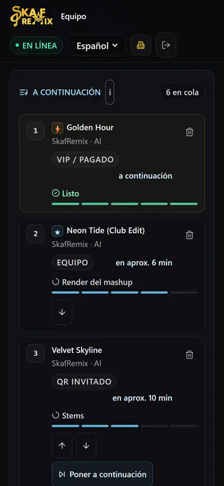 Página del equipo en el móvil: lista «A continuación» con prioridad VIP y del equipo, estado de preparación y espera por canción