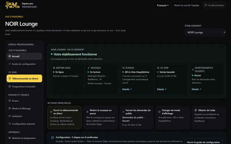 Espace business sur ordinateur : établissement en marche, boîtier Edge en ligne, musique en cours, 3 écrans sur 3 connectés