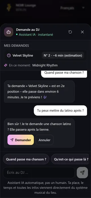 Chat client sur téléphone : l’assistant DJ indique la 2e position et environ 6 minutes et propose une autre demande
