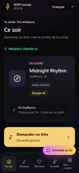 Page client sur téléphone : en cours Midnight Rhythm, bouton « Demander un titre »