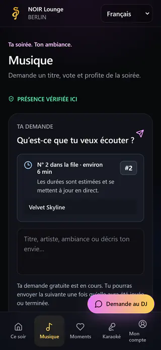 Page client sur téléphone : sa demande en 2e position dans la file, environ 6 minutes