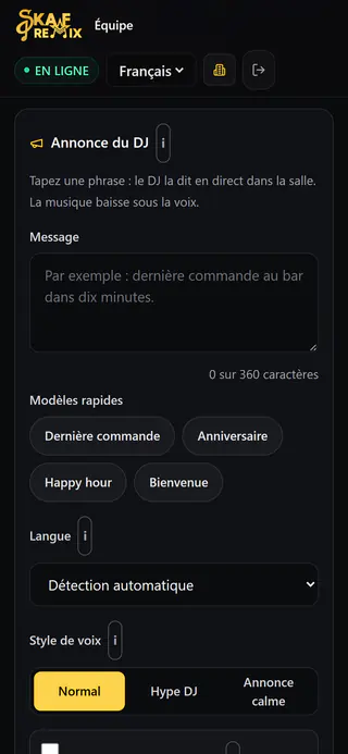 Page équipe sur téléphone : annonce du DJ avec champ de texte, modèles rapides et annonces récentes