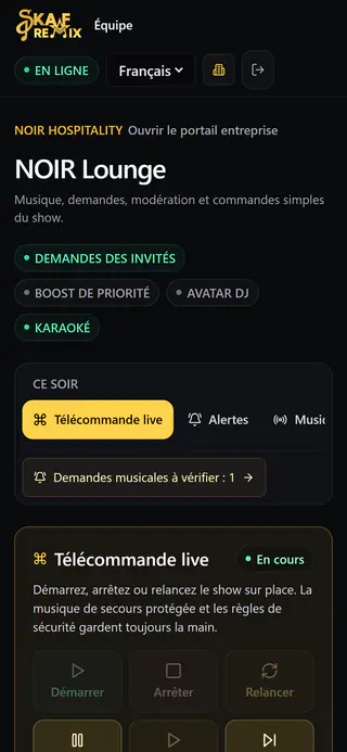 Page équipe sur téléphone : NOIR Lounge avec pilotage en direct pause, reprise et passer
