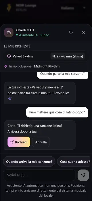 Chat ospiti sul telefono: l’assistente DJ indica il 2° posto e circa 6 minuti e propone un’altra richiesta