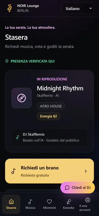 Pagina ospiti sul telefono: in riproduzione Midnight Rhythm, pulsante «Richiedi un brano»