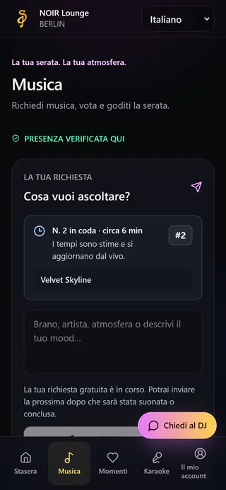 Pagina ospiti sul telefono: la propria richiesta al 2° posto in coda, circa 6 minuti