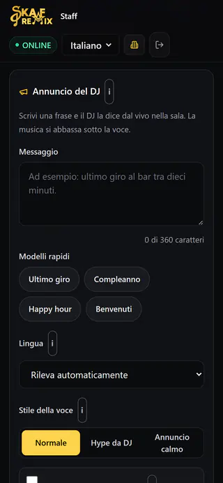 Pagina staff sul telefono: annuncio del DJ con campo di testo, modelli rapidi e annunci recenti