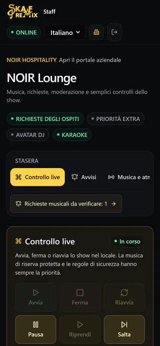 Pagina staff sul telefono: NOIR Lounge con controllo live per pausa, ripresa e salto